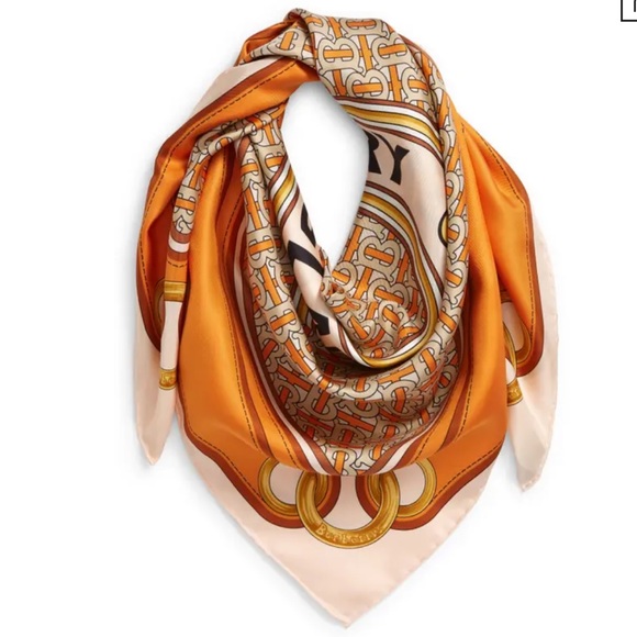 Burberry Print Logo Silk Orange Twill Scarf - Picture 3 of 16